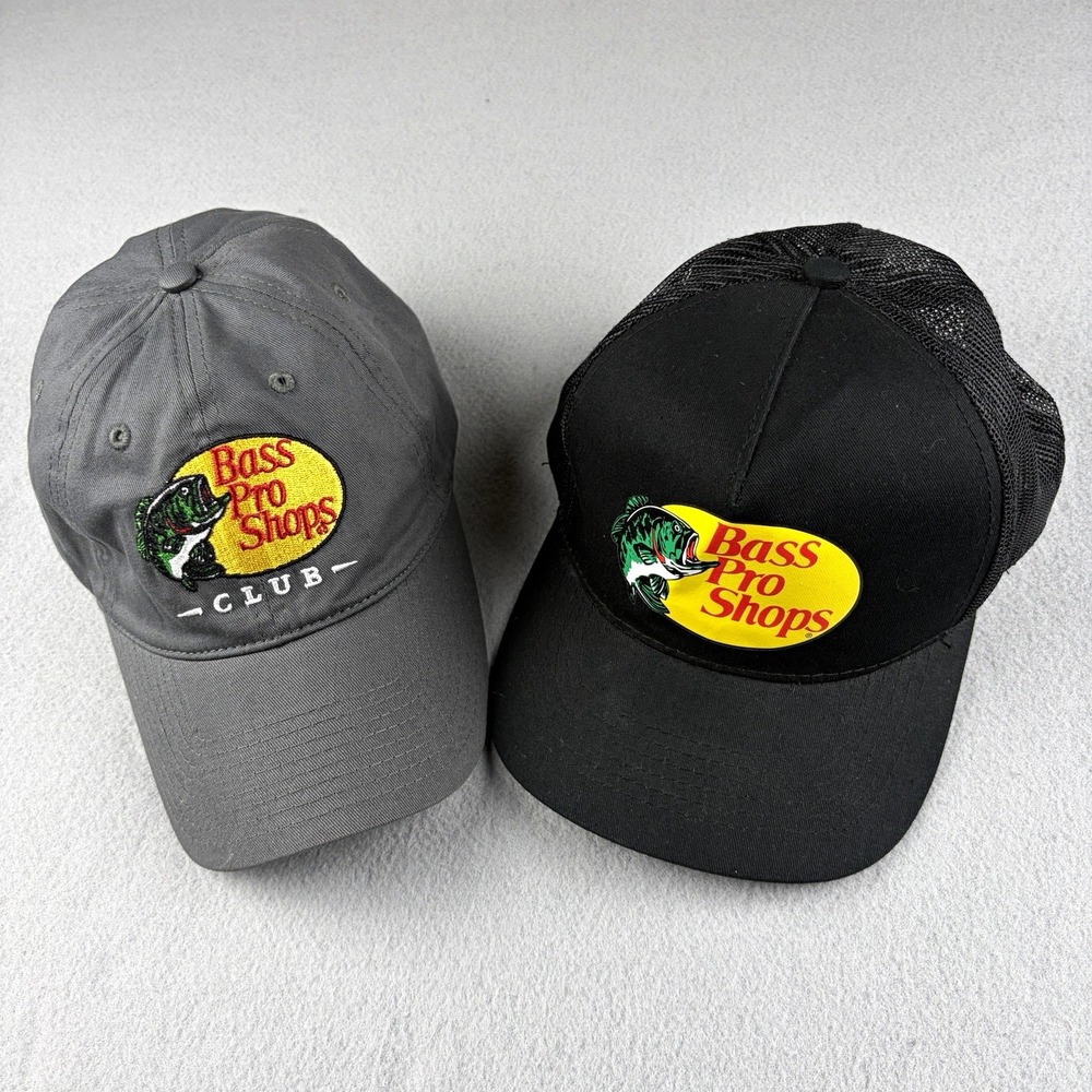 Bass Pro Shops Hat Lot of 2 Fishing Trucker Snapback Club Cap Black Gray